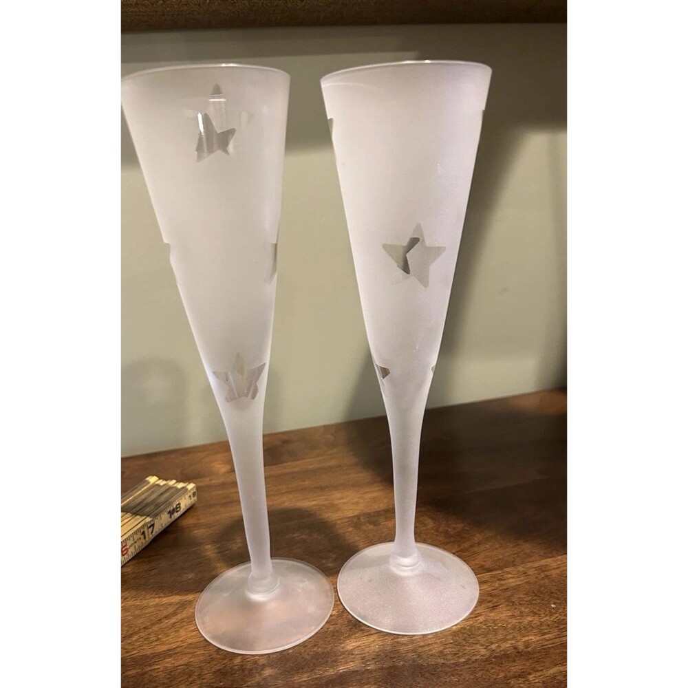 Set Of Two Fluted Champagne Glass Frosted Stars Tall Toasting Glasses IKEA